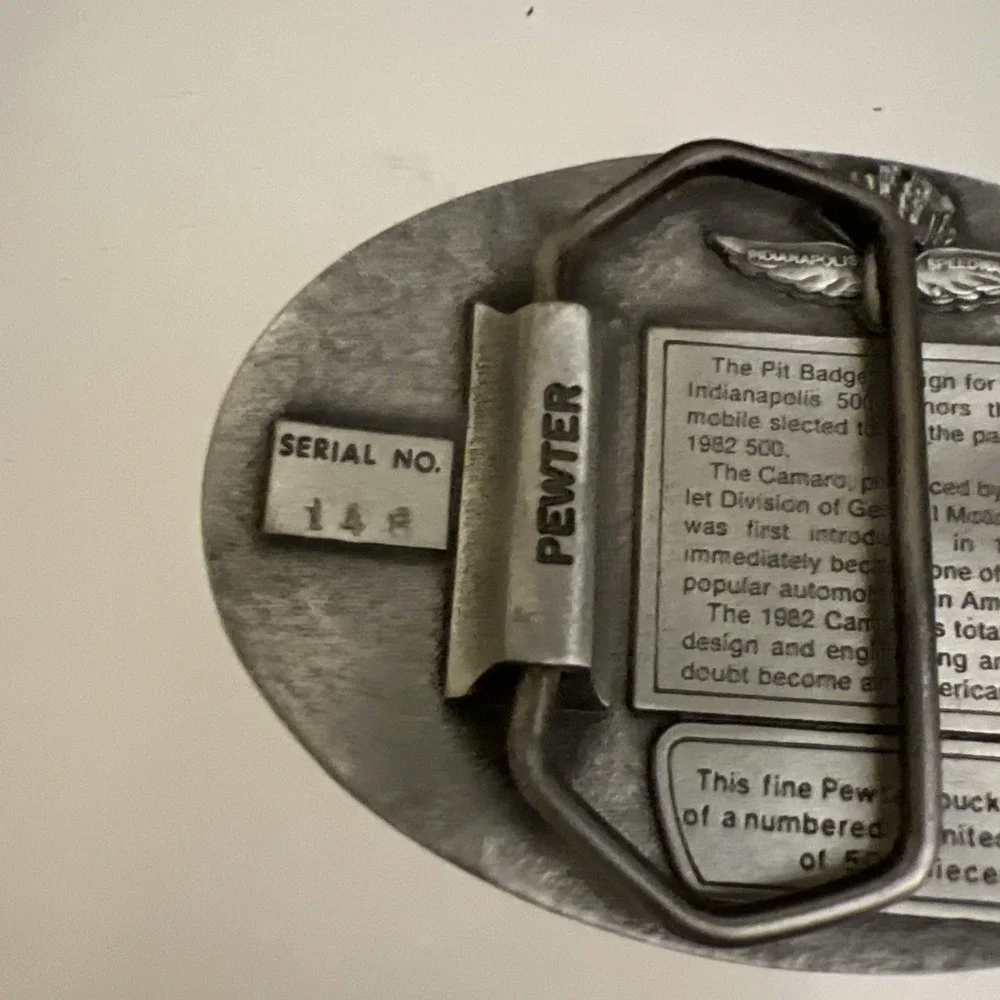 Vintage 1982 Indianapolis 500 Chevrolet Camaro Pewter Belt Buckle Limited No 148